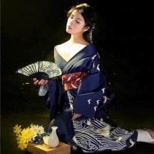 Kimono nữ nhật bản xanh than cho thuê