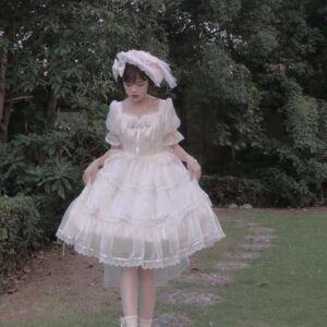 Váy đầm Lolita trắng nơ to cho thuê